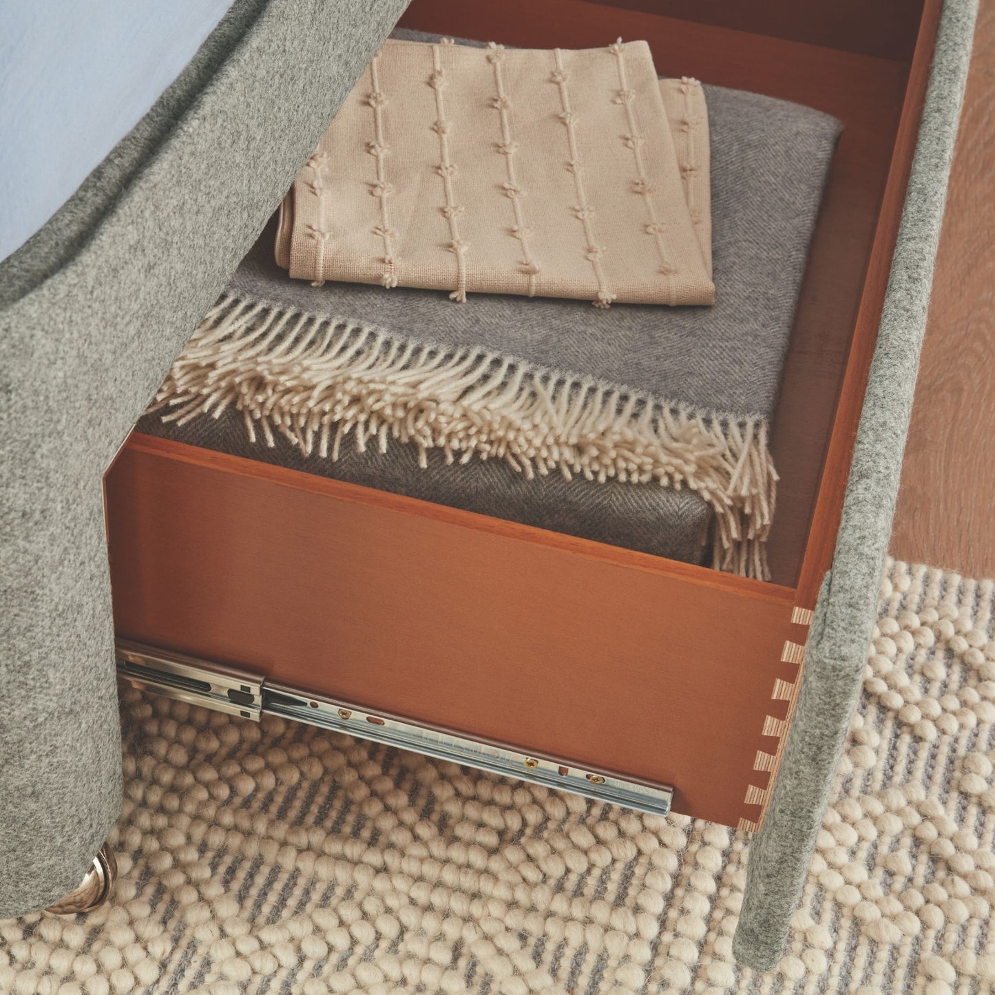 Close-up of Chartwell Upholstered Divan - Walnut by Woolroom – sustainable divans