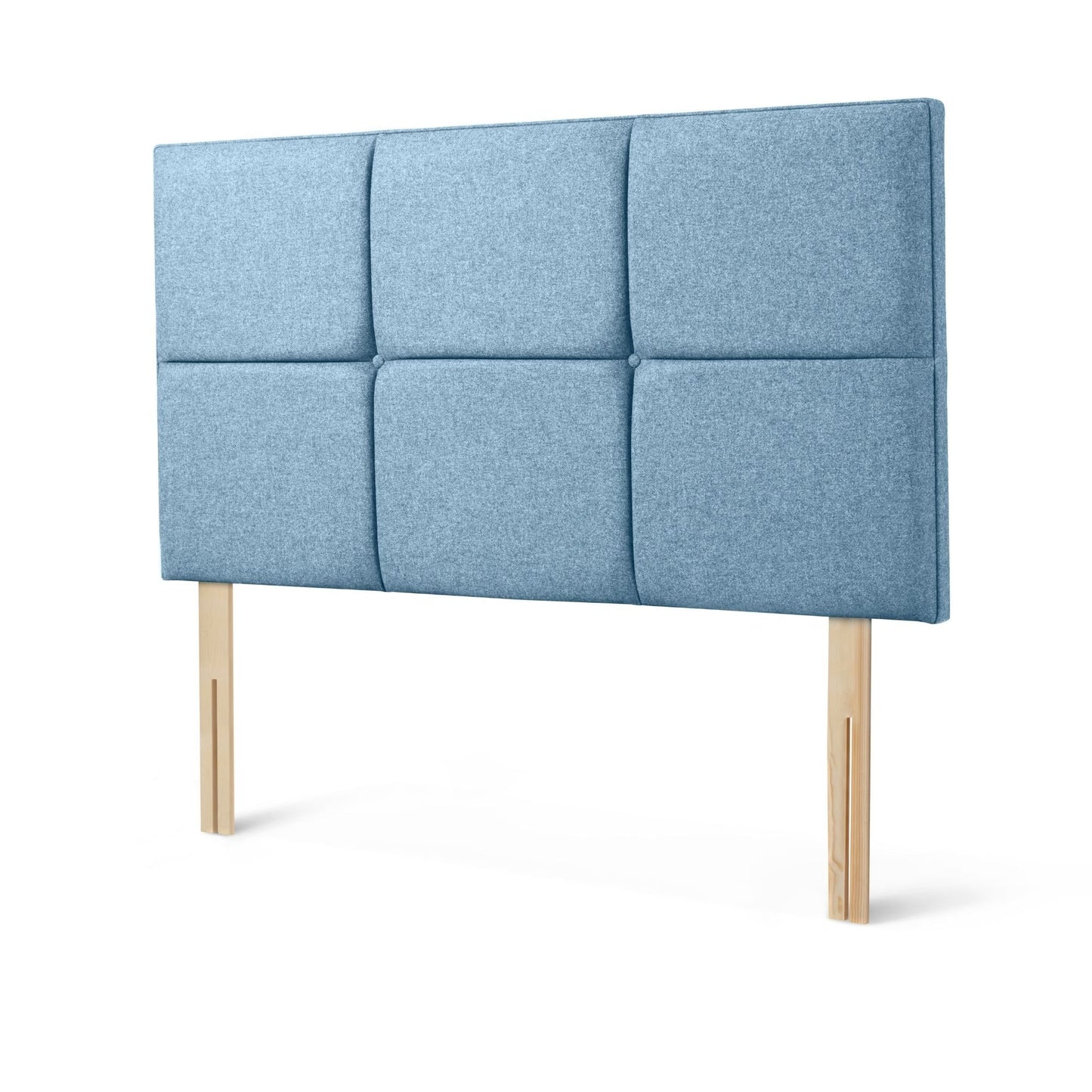 The Woolroom Goddards Strutted Headboard in Juniper light blue has upholstered panels and is a bed-fixed option for a bed.