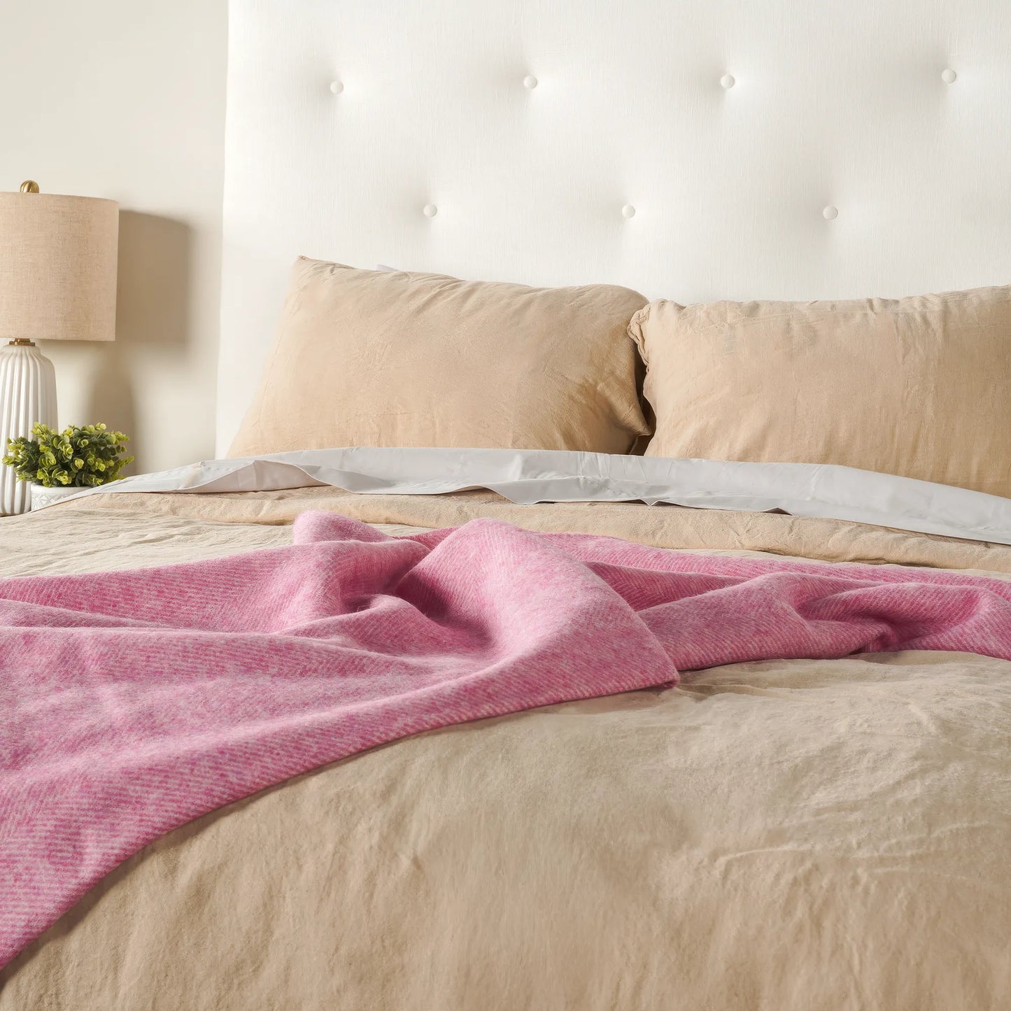 Pale Pink Herringbone Wool Throw - Wide Width