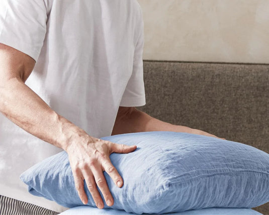 Person holding a blue pillow on a couch