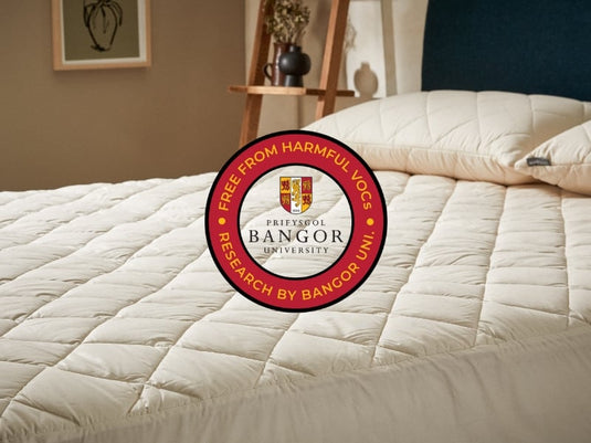 Beige quilted mattress cover with Bangor University logo on a bed in a room.