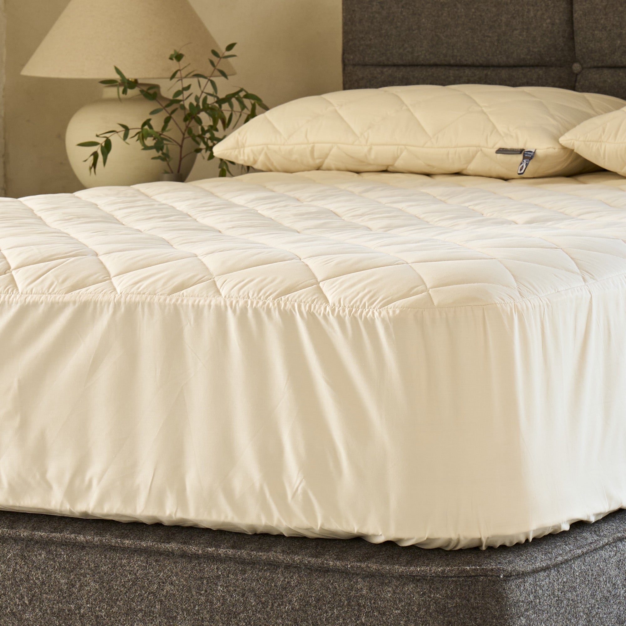 Woolroom mattress protector on a mattress. There are pillows and a lamp in the background