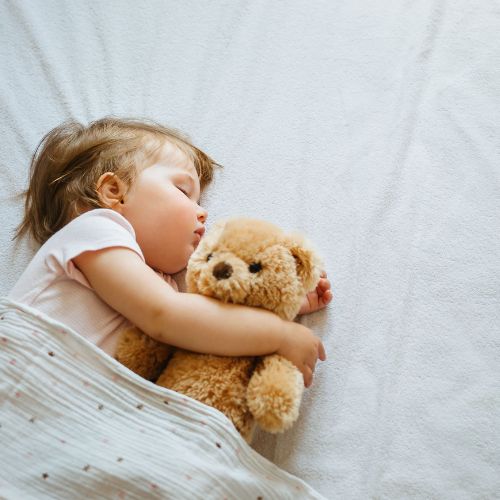 Toddler sleeping with a teddy