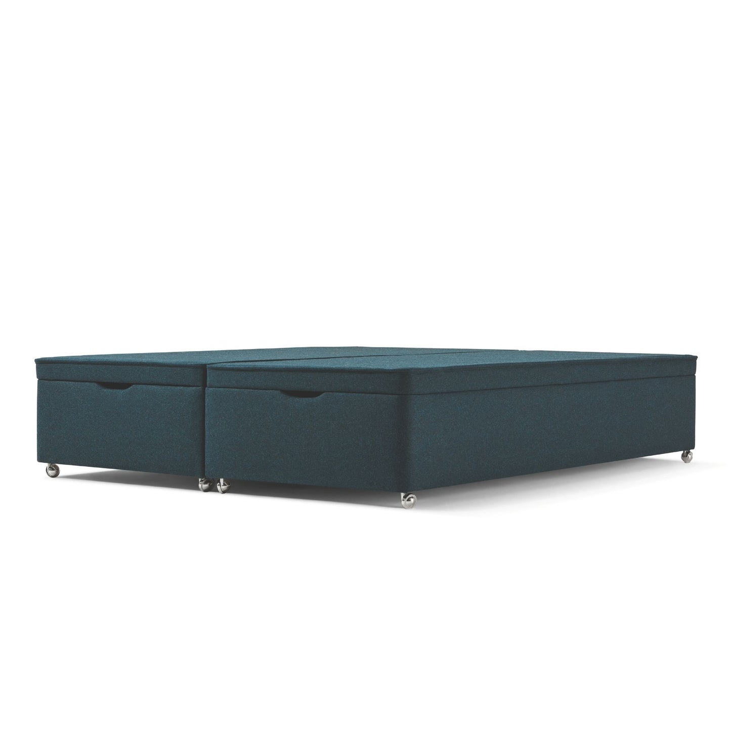 The Woolroom Kingston Upholstered Ottoman Divan with silver castors in Hemlock blue upholstery offers extra storage.