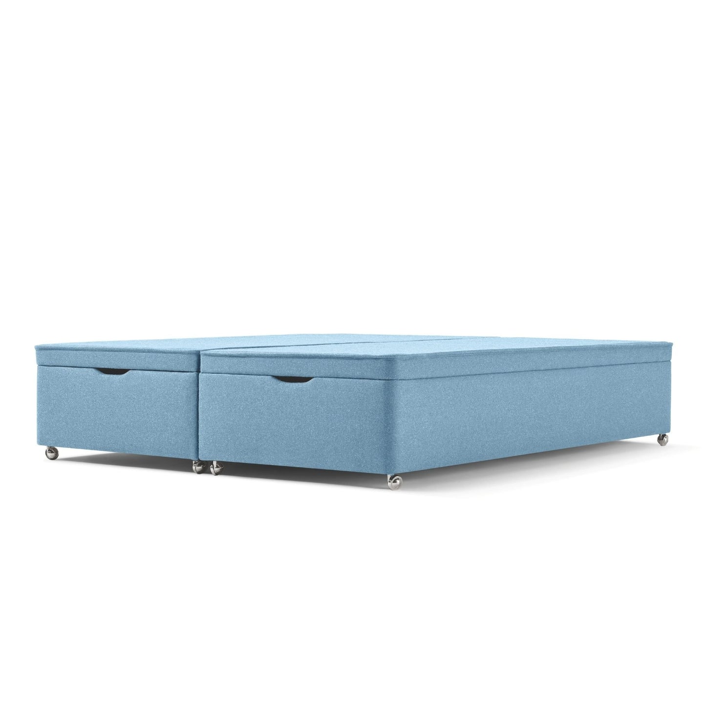 The Woolroom Kingston Upholstered Ottoman Divan with silver castors in Juniper light blue upholstery offers extra storage.