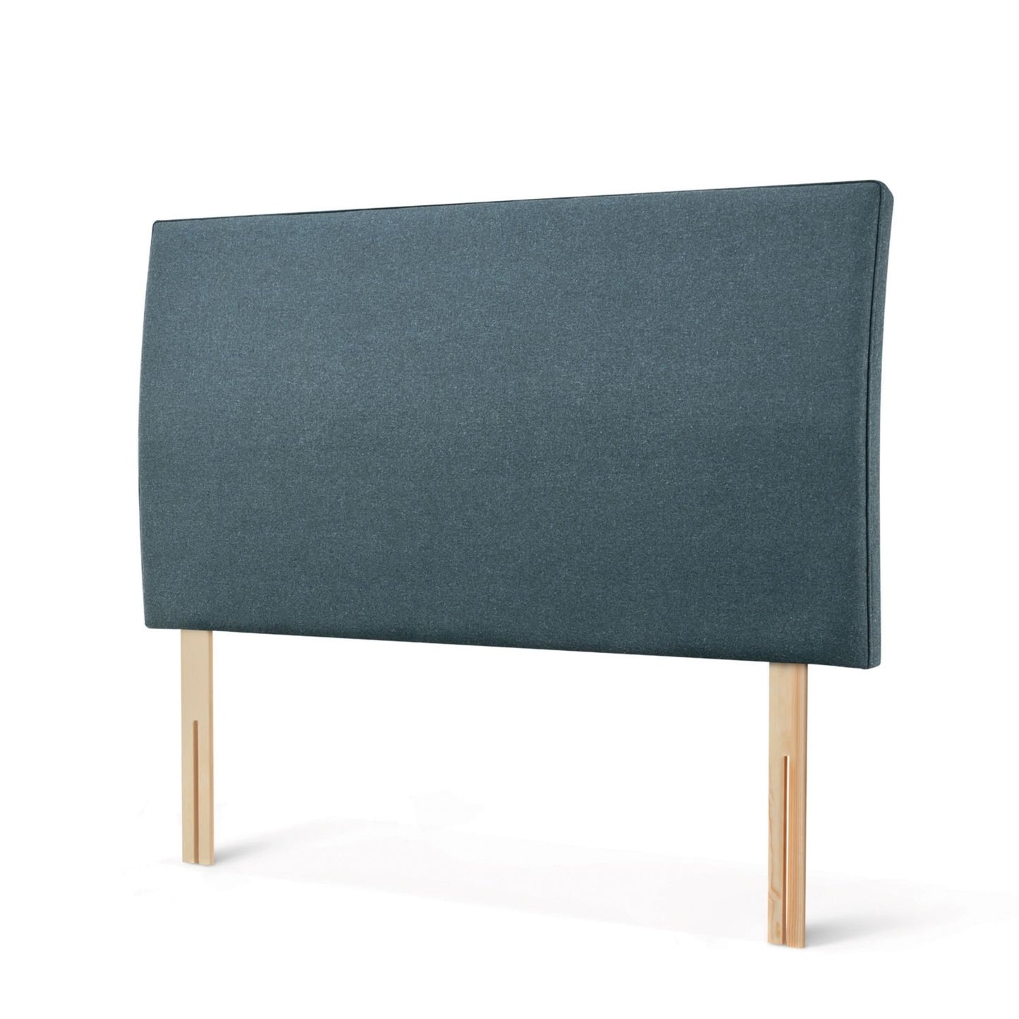 The Woolroom Coleton Strutted Headboard with a soft curve in Hemlock blue upholstery is bed-fixed and 100% British wool.