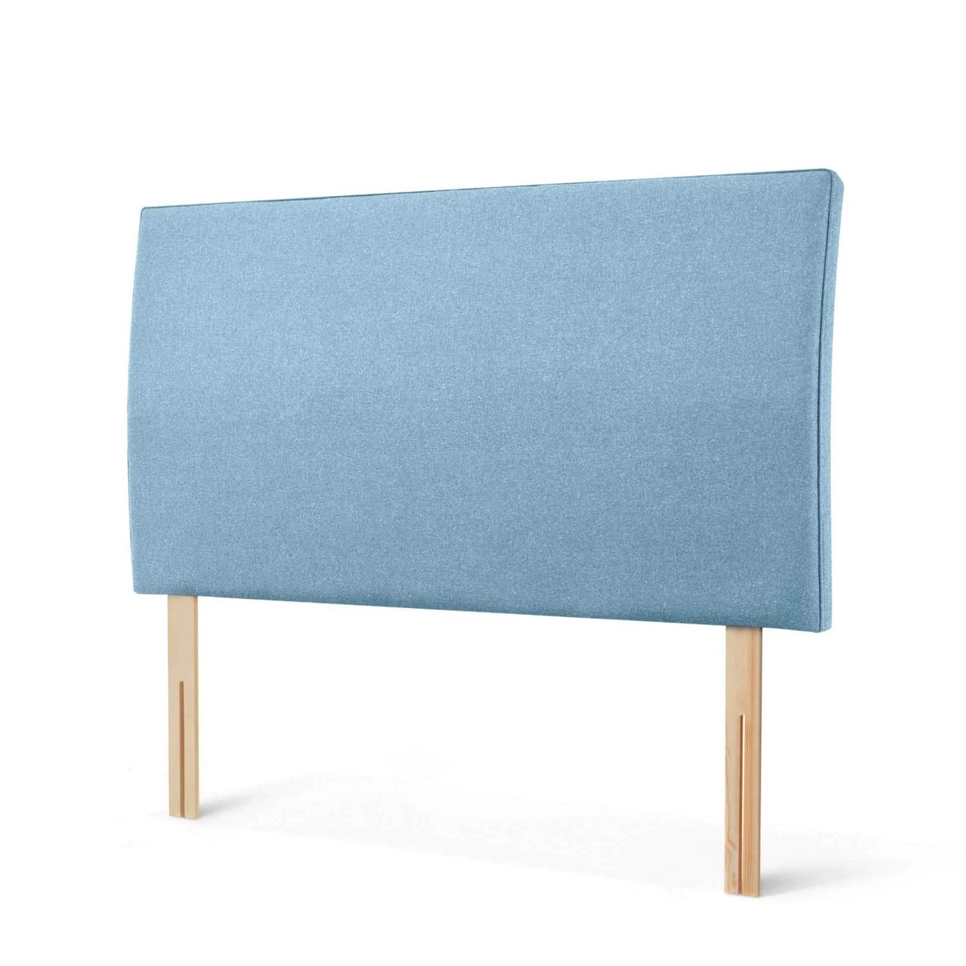 The Woolroom Coleton Strutted Headboard with a soft curve in Juniper light blue upholstery is bed-fixed and 100% British wool.
