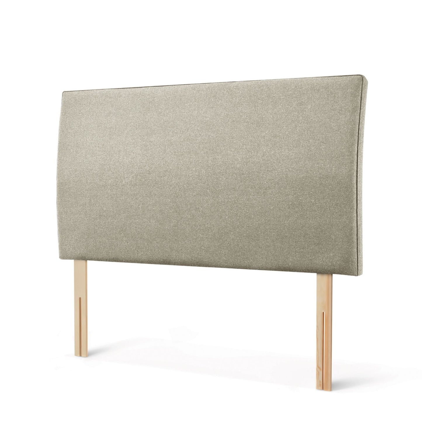 The Woolroom Coleton Strutted Headboard with a soft curve in light grey upholstery is bed-fixed and 100% British wool.
