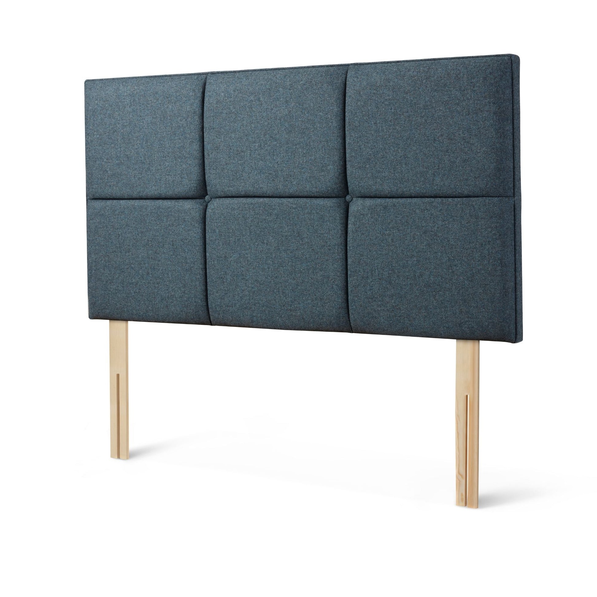 The Woolroom Goddards Strutted Headboard in Hemlock blue has upholstered panels and is a bed-fixed option for a bed. 