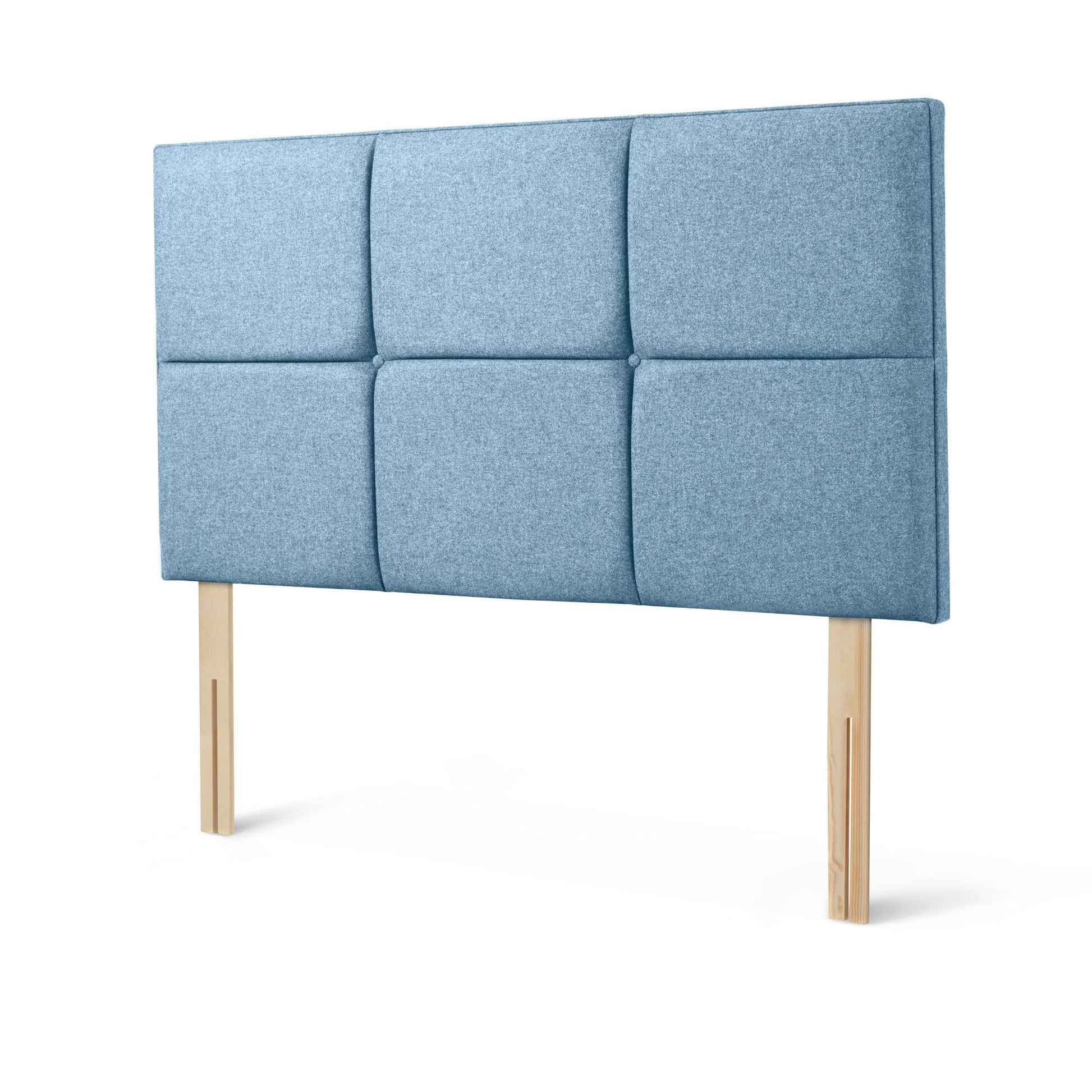 The Woolroom Goddards Strutted Headboard in Juniper light blue has upholstered panels and is a bed-fixed option for a bed. 