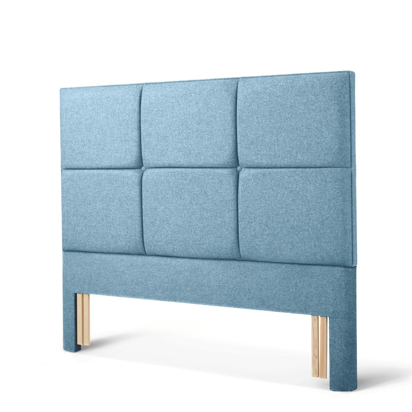 The Woolroom Goddards Floor Standing Headboard in Juniper light blue has upholstered panels and is a floor standing option.