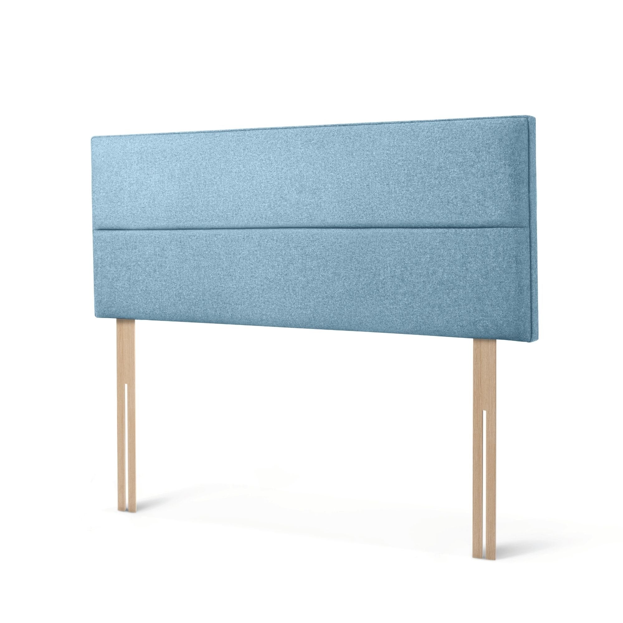 The Woolroom Shaw Strutted Headboard in Juniper light blue has two horizontal upholstered panels and is a bed-fix option.