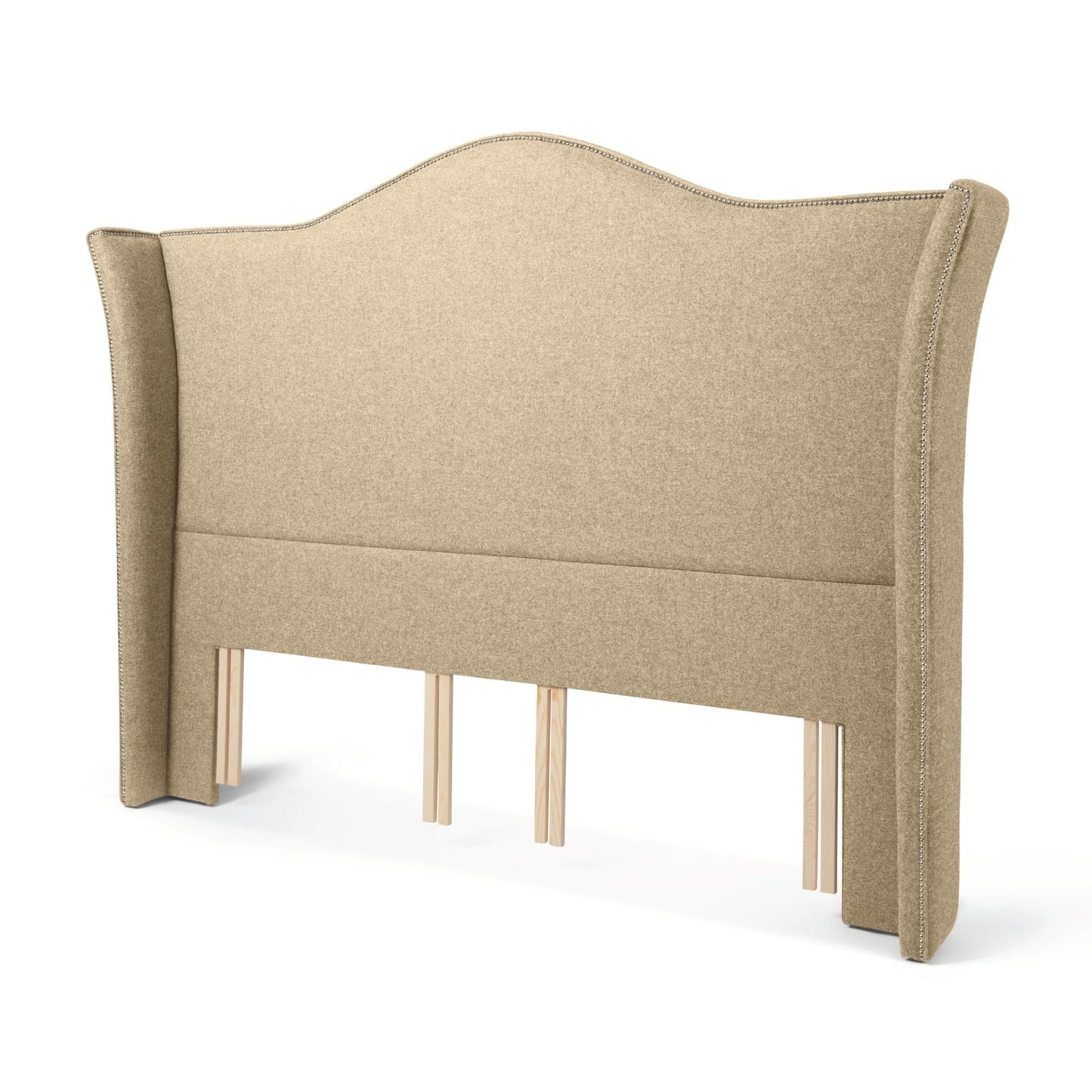 The Stoneywell Floor Standing Headboard in Walnut brown upholstery is a grand design with wings and nailhead trim.