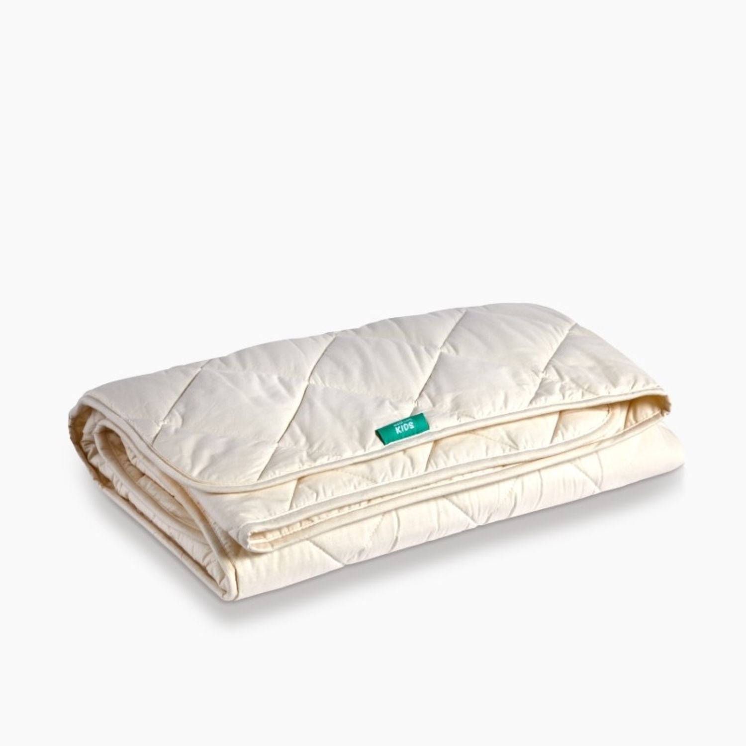 A folded Woorloom Organic Washable Wool Kids Duvet, without a cover showing the unbleached cotton outer.