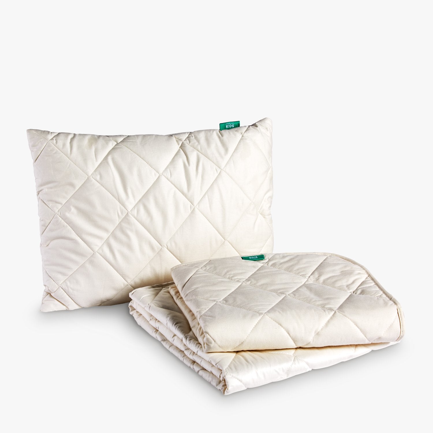 A Deluxe Woolroom Kids Bundle with Mattress Protector shows all of the elements stacked and folded together.