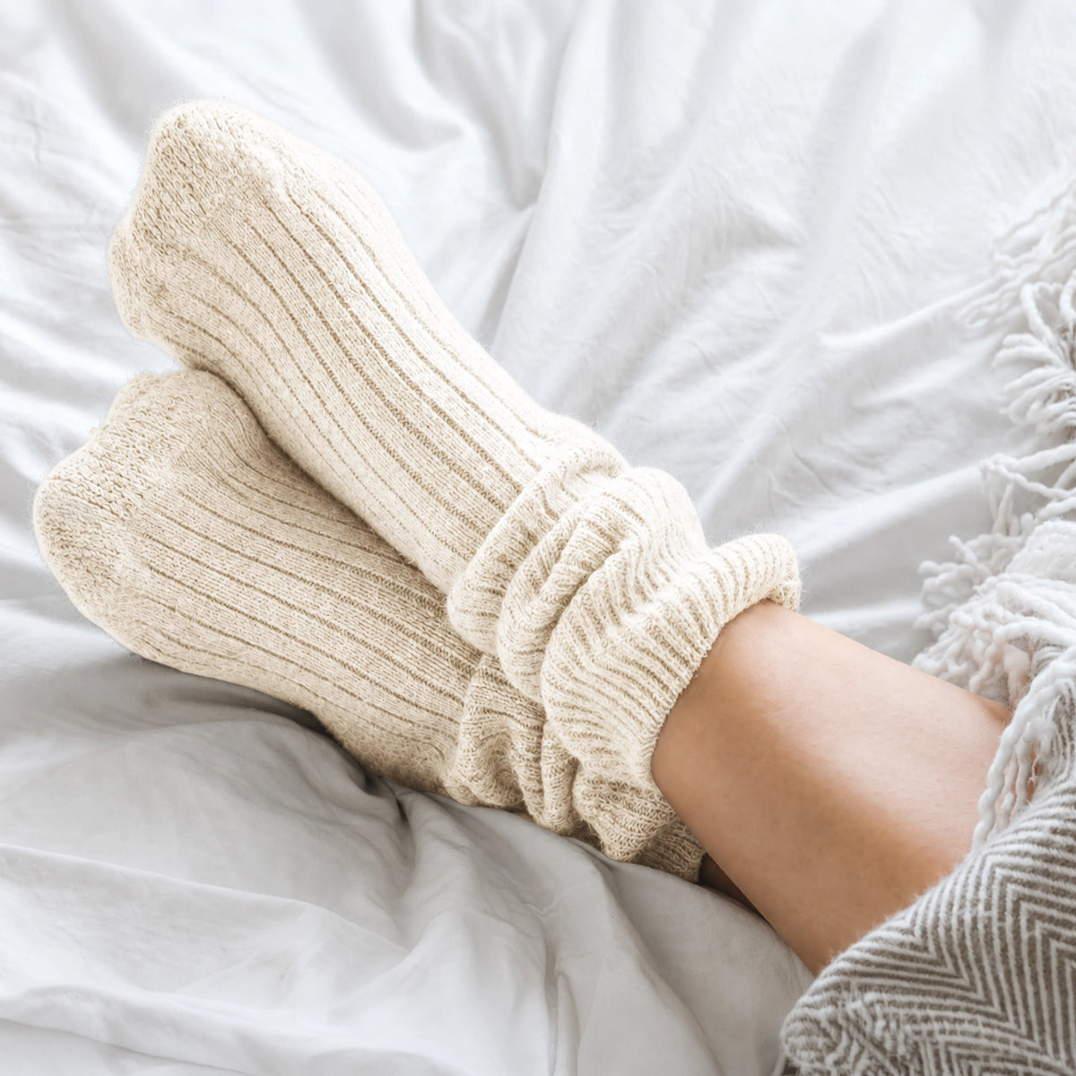 Merino Wool Bed Socks - Ivory-Size US  6.5-9.5/5-8