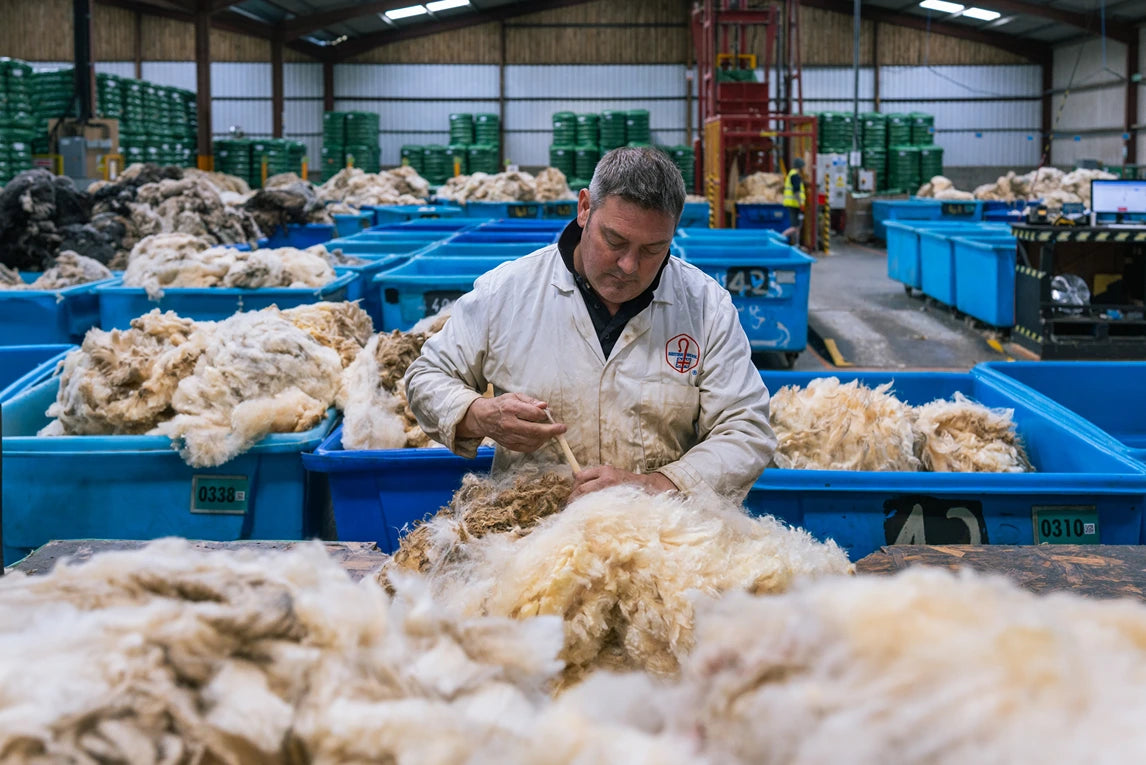 A man in a white work jacket stands in a large indoor processing facility, sorting through piles of raw wool or fleece material spread across blue bins and tables.