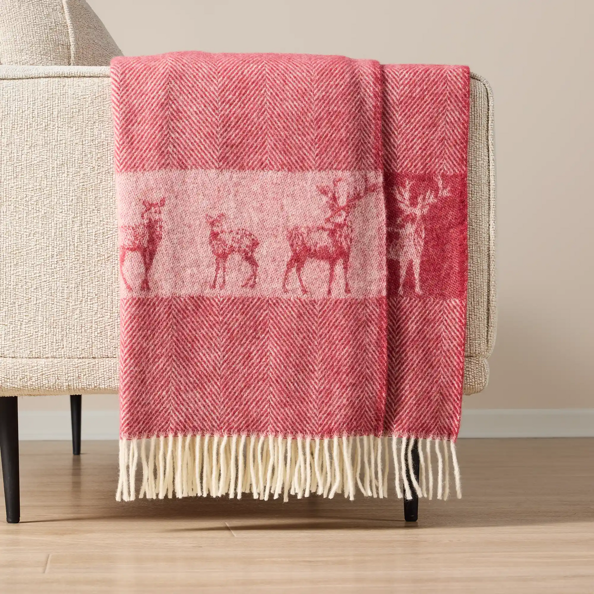 Wild and Wool Herringbone Red and White Deer Throw