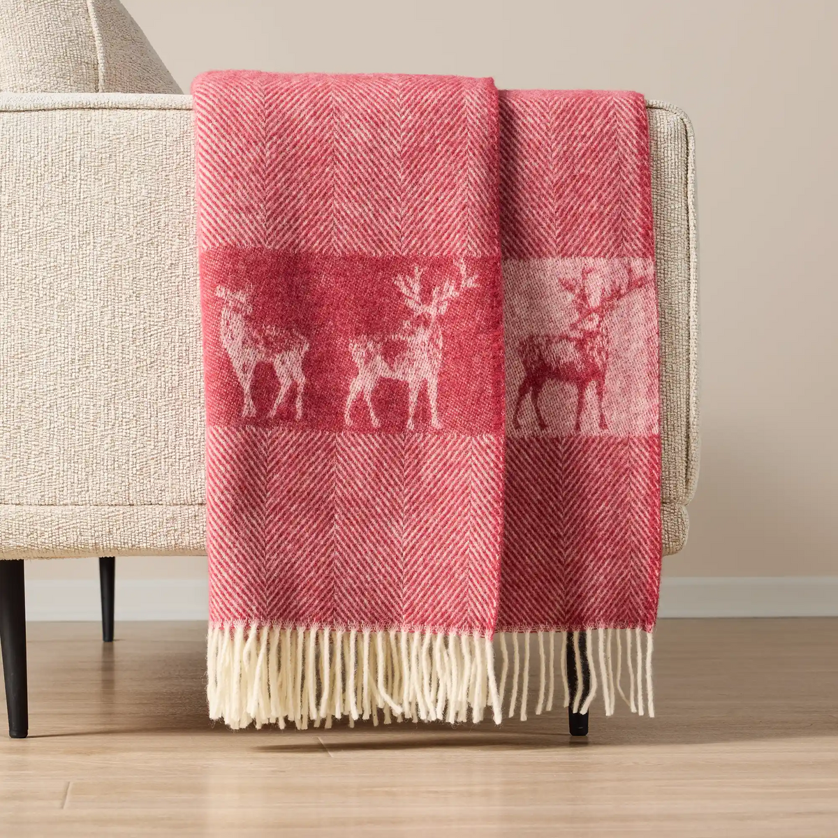 Wild and Wool Herringbone Red and White Deer Throw