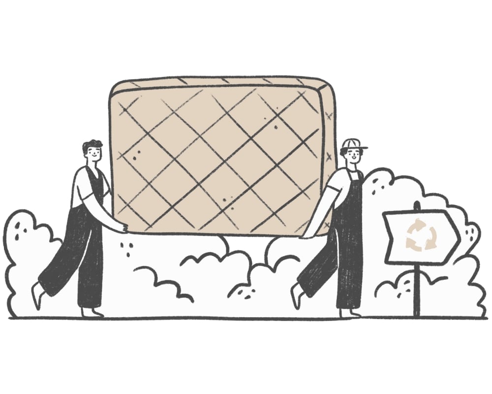 Illustration of two workers carrying a large box with a recycling symbol on a white background