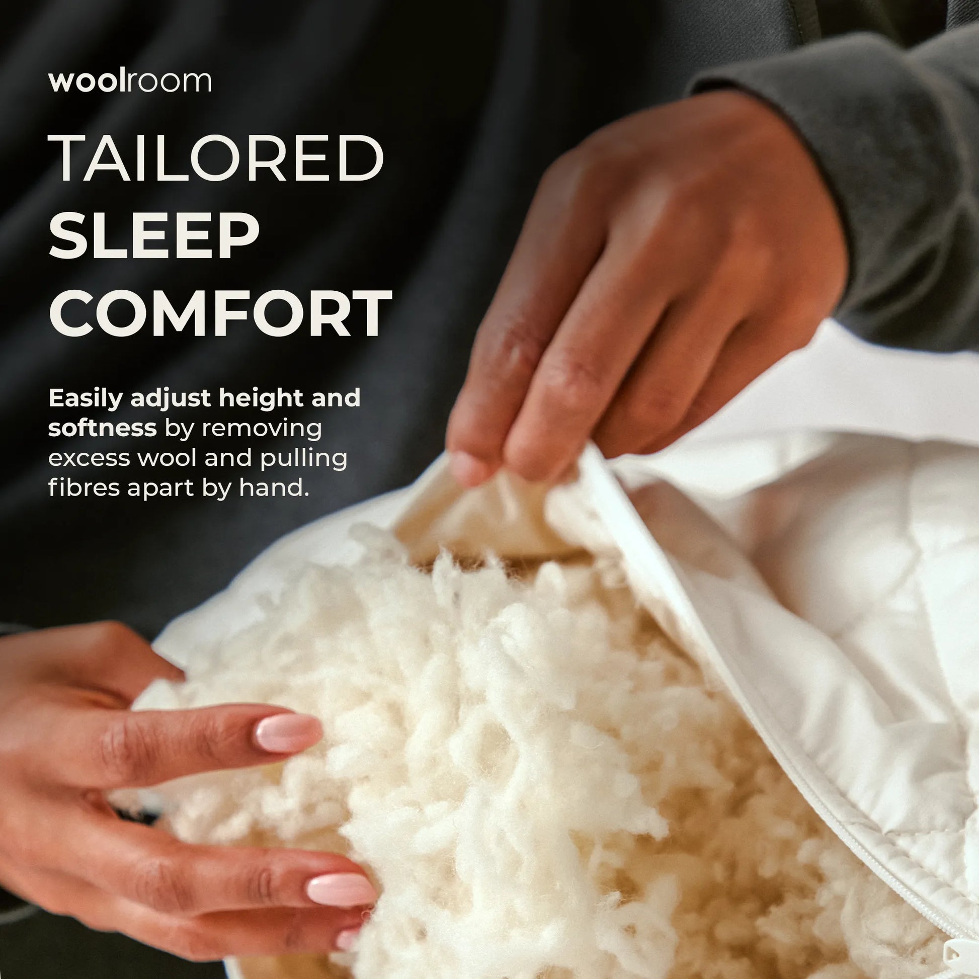 Close-up of a person adjusting a white wool blanket or pillow cover, pulling loose wool fibers apart by hand. Text on the left reads 'woolroom TAILORED SLEEP COMFORT' with descriptive copy about adjusting height and softness.