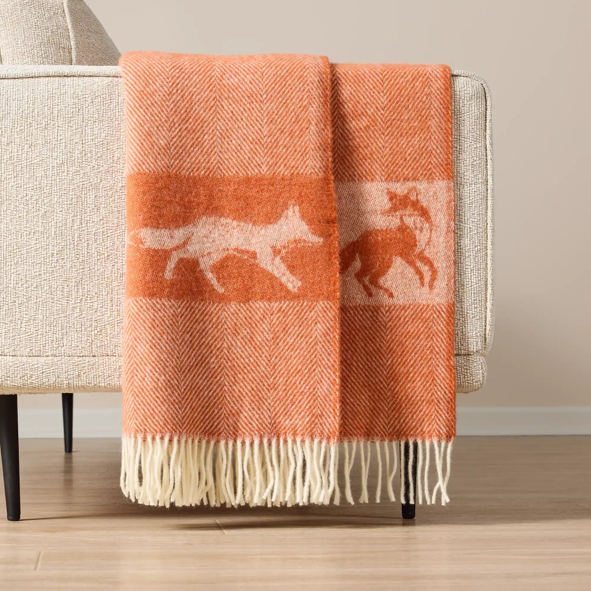 Wild and Wool Herringbone Rust and White Fox Throw | Woolroom