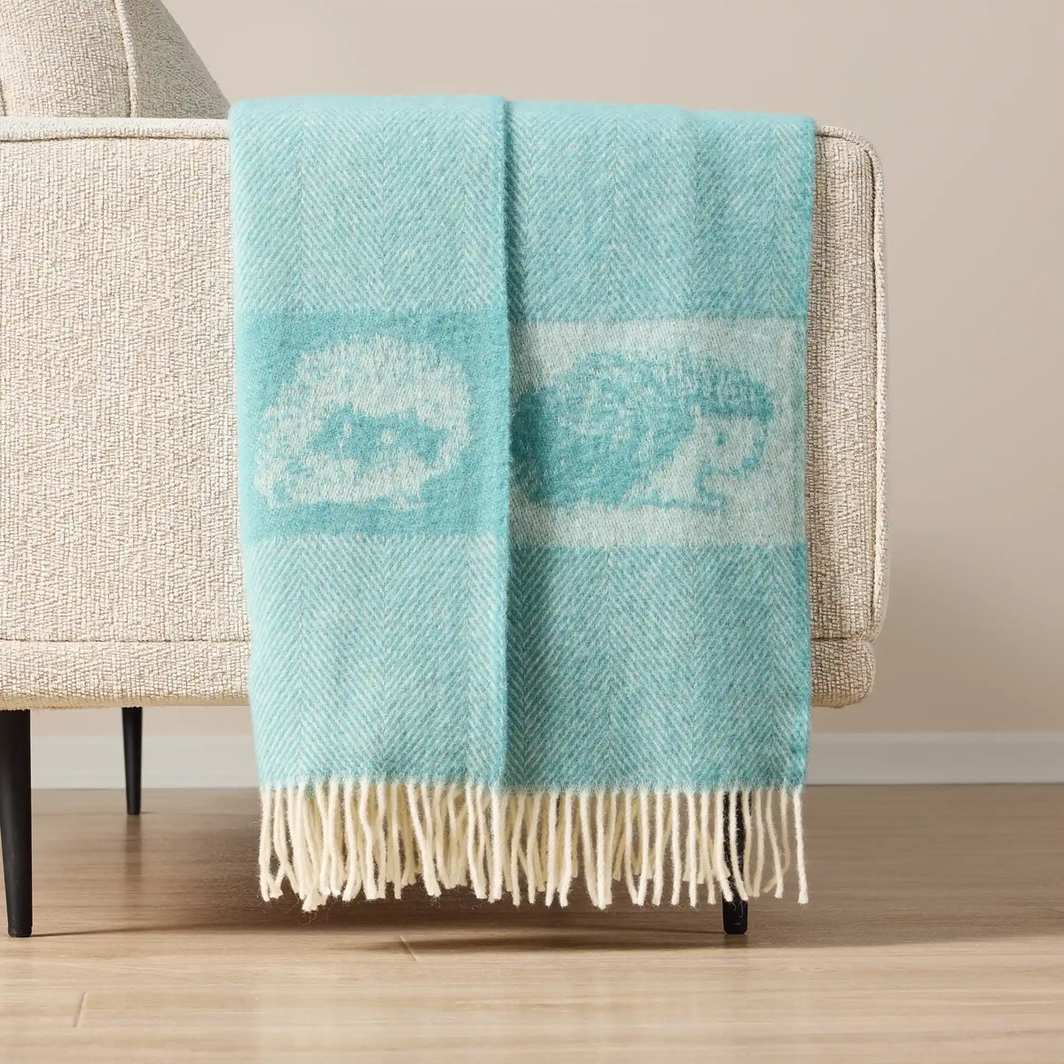 Wild and Wool Herringbone Teal and White Hedgehog Throw