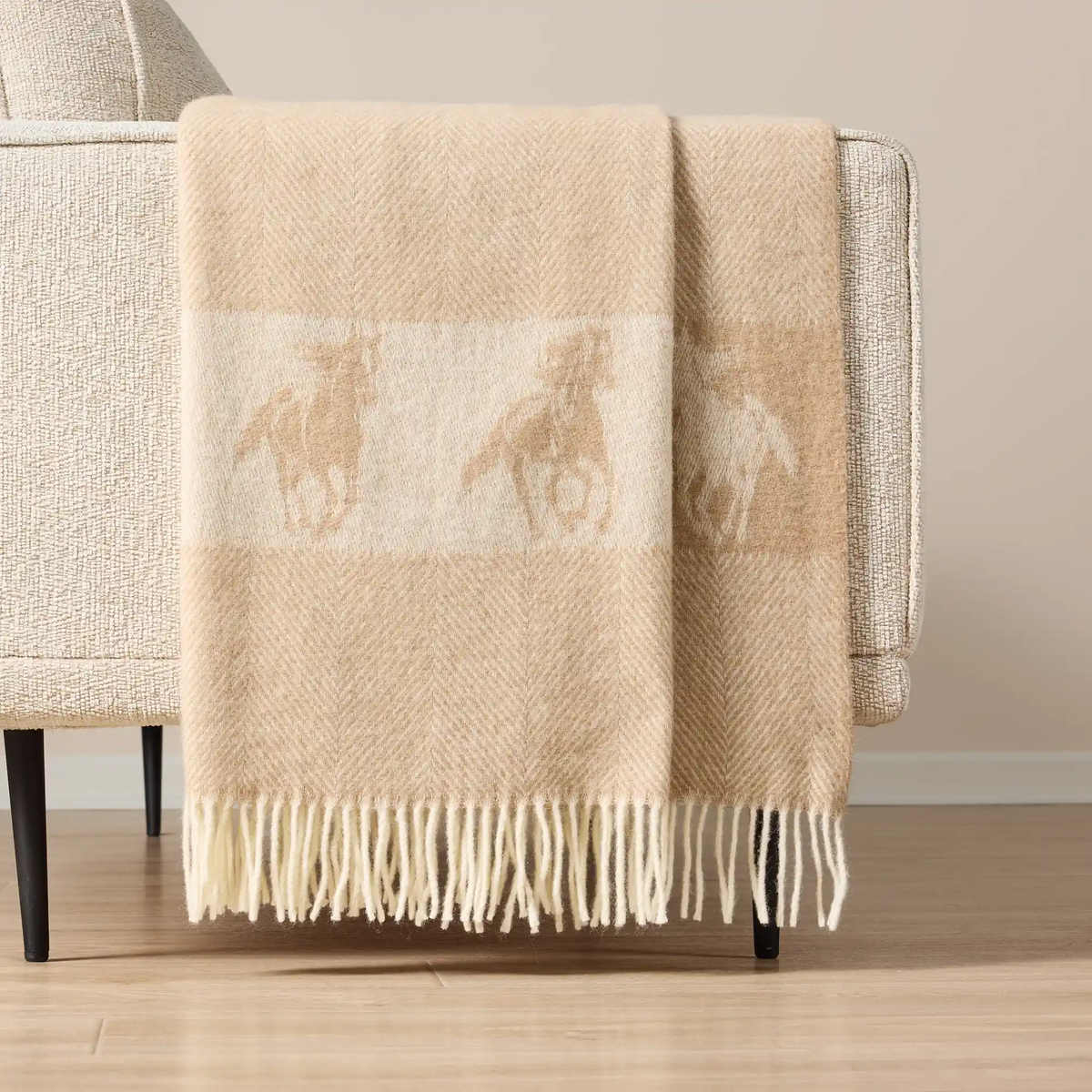 Wild and Wool Herringbone Beige and White Horse Throw
