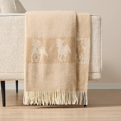 Wild and Wool Herringbone Beige and White Horse Throw