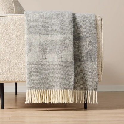 Wild and Wool Herringbone Wool Blanket, Grey Curly Lamb Blanket