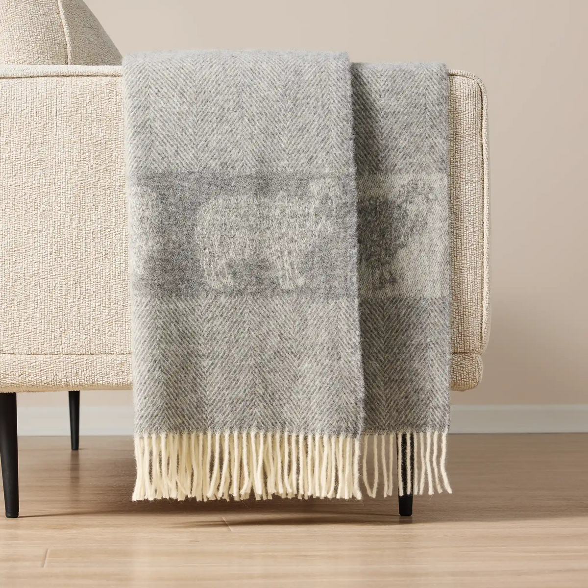 Wild and Wool Herringbone Wool Blanket Grey Curly Lamb Blanket