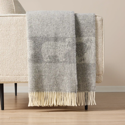 Wild and Wool Herringbone Wool Blanket, Grey Curly Lamb Blanket