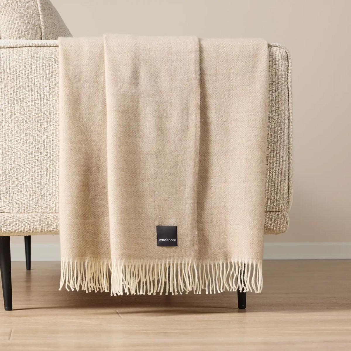 Woolroom Lilly Herringbone Pure New Wool Throw - Beige