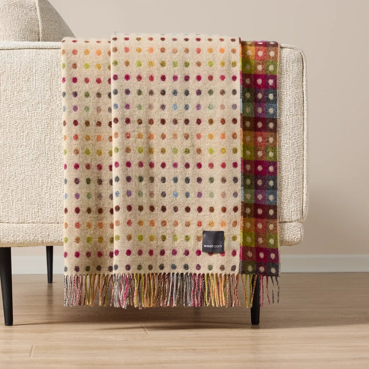 Jeté de canapé - Plaid beige à pois arc-en-ciel