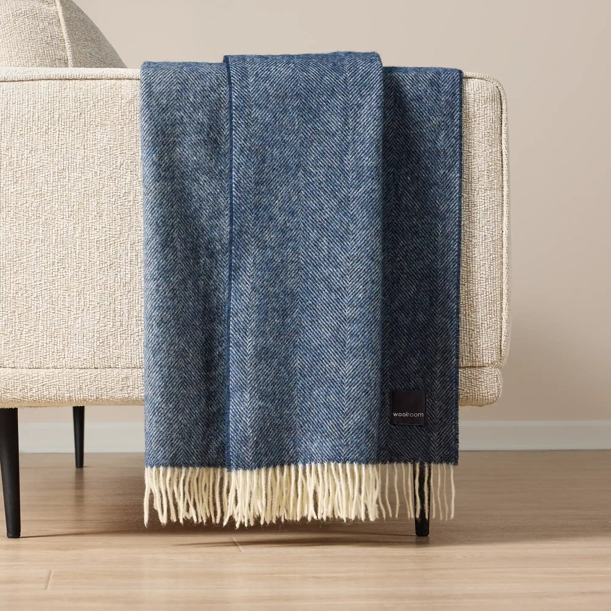 Navy Herringbone Wool Throw - Wide Width