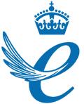 Logo for The Queen's Awards for Enterprise: International Trade 2021 with a blue 'E' and crown on a white background.