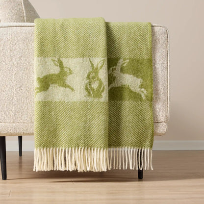 Wild and Wool Herringbone Moss Green and White Rabbit Throw