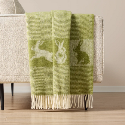 Wild and Wool Herringbone Moss Green and White Rabbit Throw