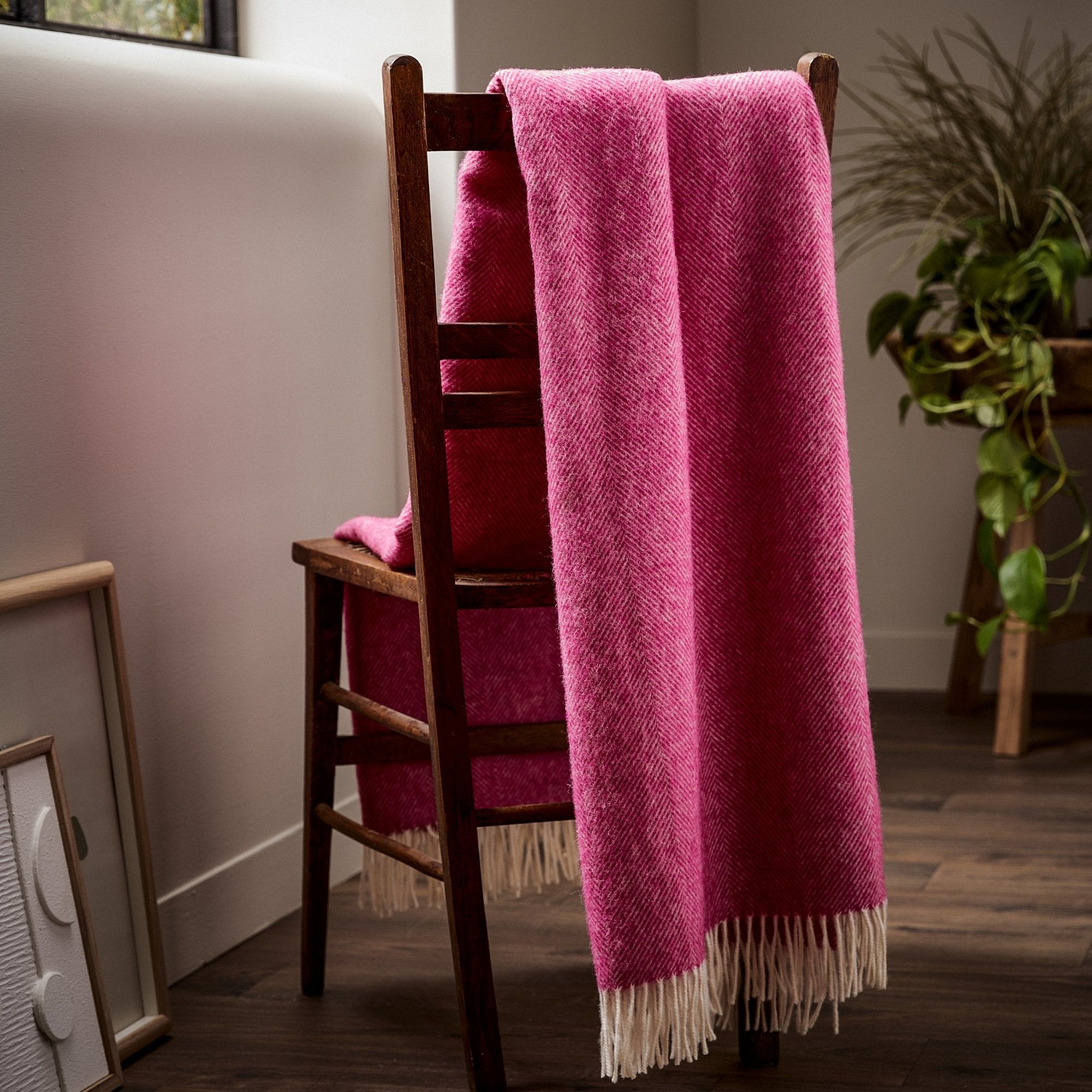 The beautifully soft Herringbone Shetland Wool Throw in color Fuschia pink with white fringe, draped over a bench. 