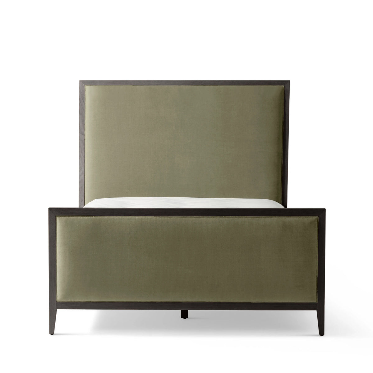 An upholstered bed frame with a tall rectangular headboard and matching footboard in olive green fabric, framed in dark wood with a white mattress visible, on a white background.