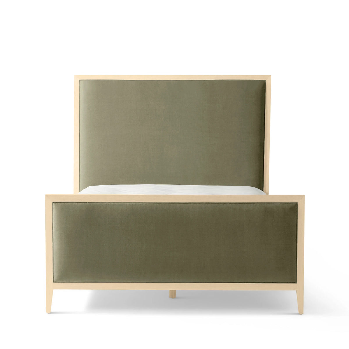 A modern bed frame with a light natural wood finish and olive green velvet upholstered headboard and footboard, shown on a white background.