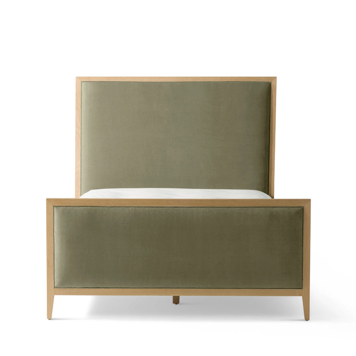 A modern upholstered bed frame with a tall rectangular headboard and matching footboard in muted sage green fabric, set in a light natural wood frame, shown against a plain white background.