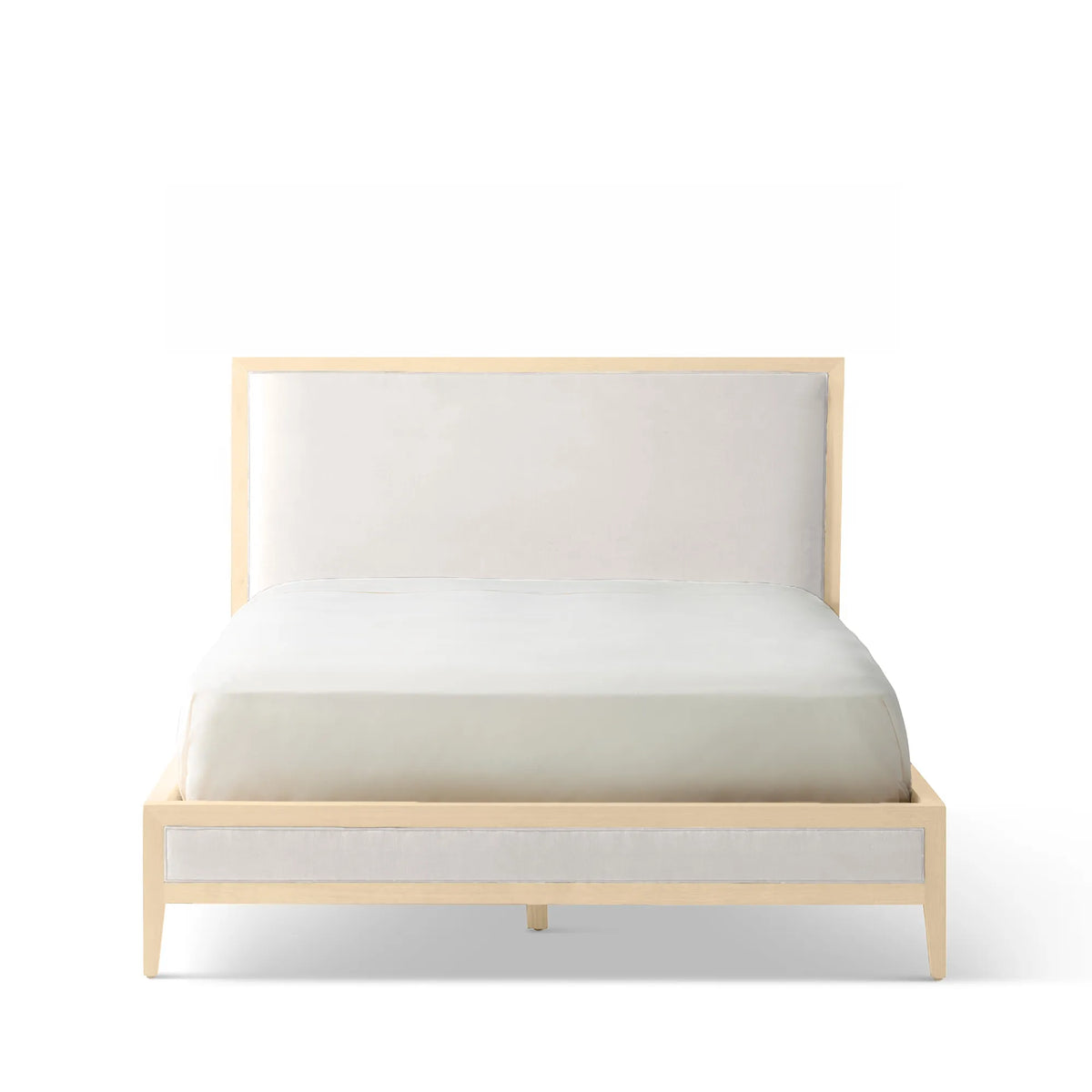 A modern platform bed with a light natural wood frame and cream-colored upholstered headboard and footboard, shown on a solid white background.