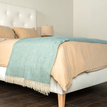 Duck Egg Blue Herringbone Wool Throw - Wide Width