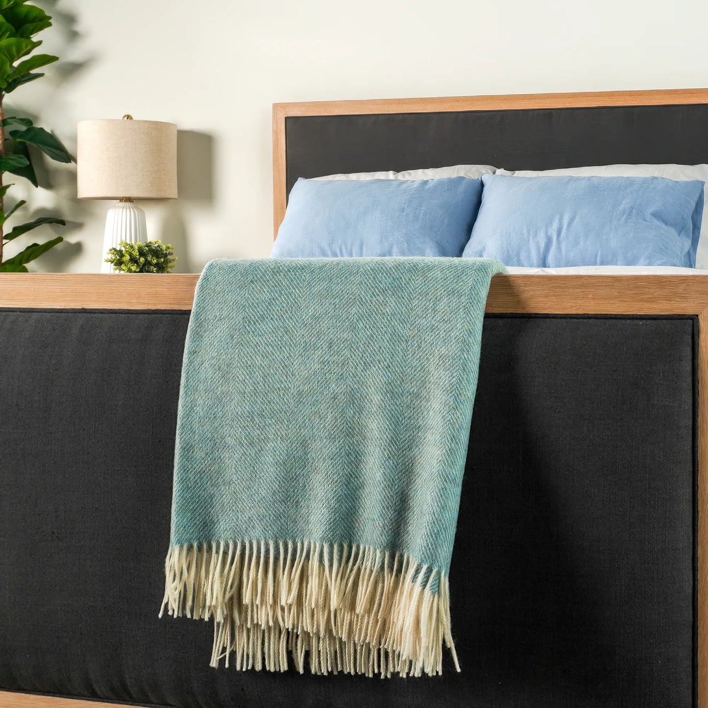 Duck Egg Blue Herringbone Wool Throw - Wide Width