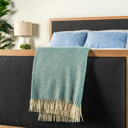 Duck Egg Blue Herringbone Wool Throw - Wide Width