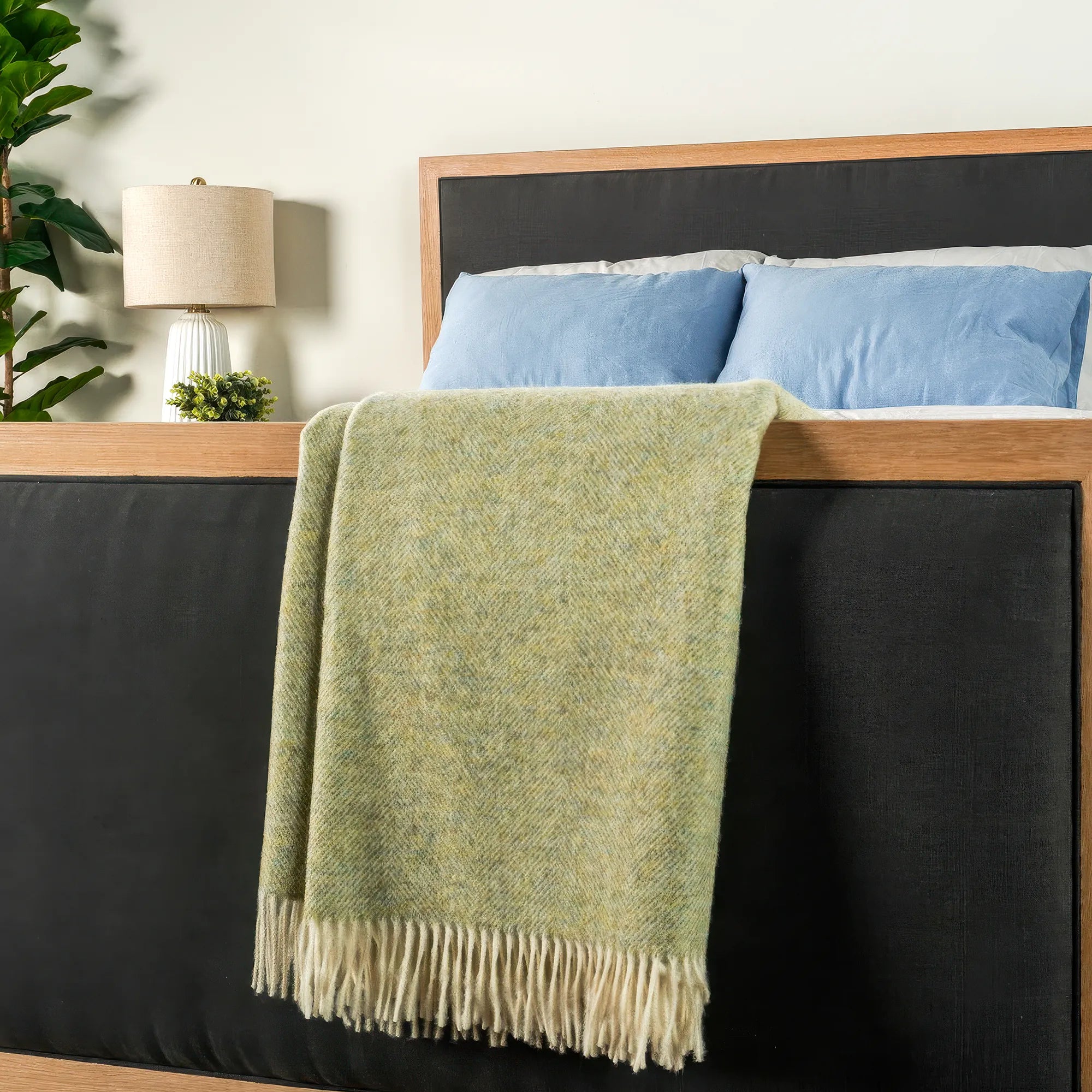 Light Sage Herringbone Wool Throw - Wide Width