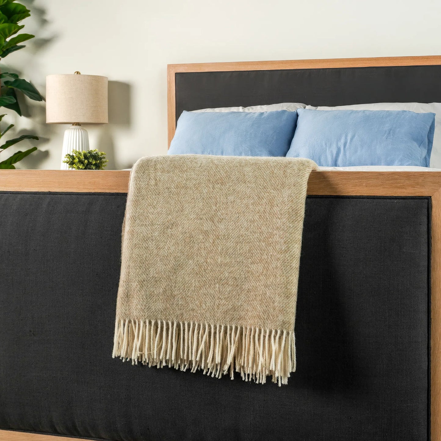 Natural Herringbone Wool Throw - Wide Width