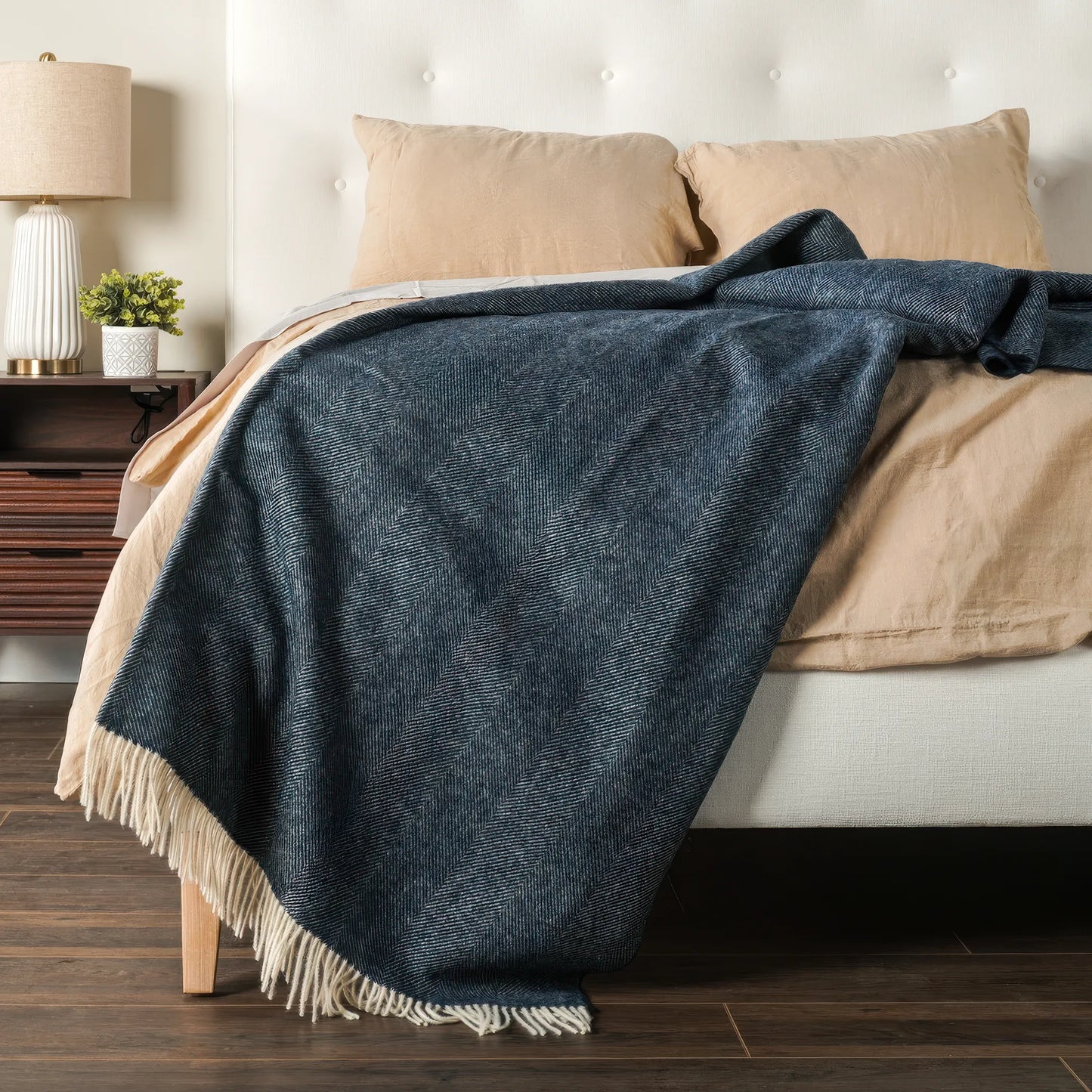 Navy Herringbone Wool Throw - Wide Width