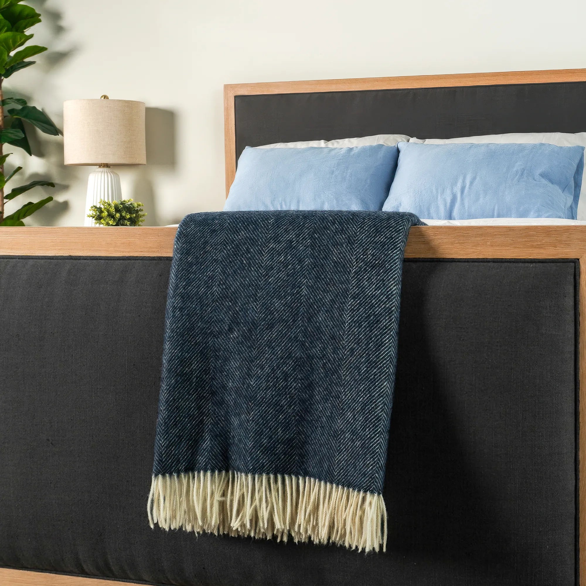 Navy Herringbone Wool Throw - Wide Width